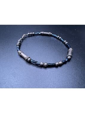 Vintage Sterling Silver 925 Iridescent Hematite Tube Bead Bracelet Sz 7.25"